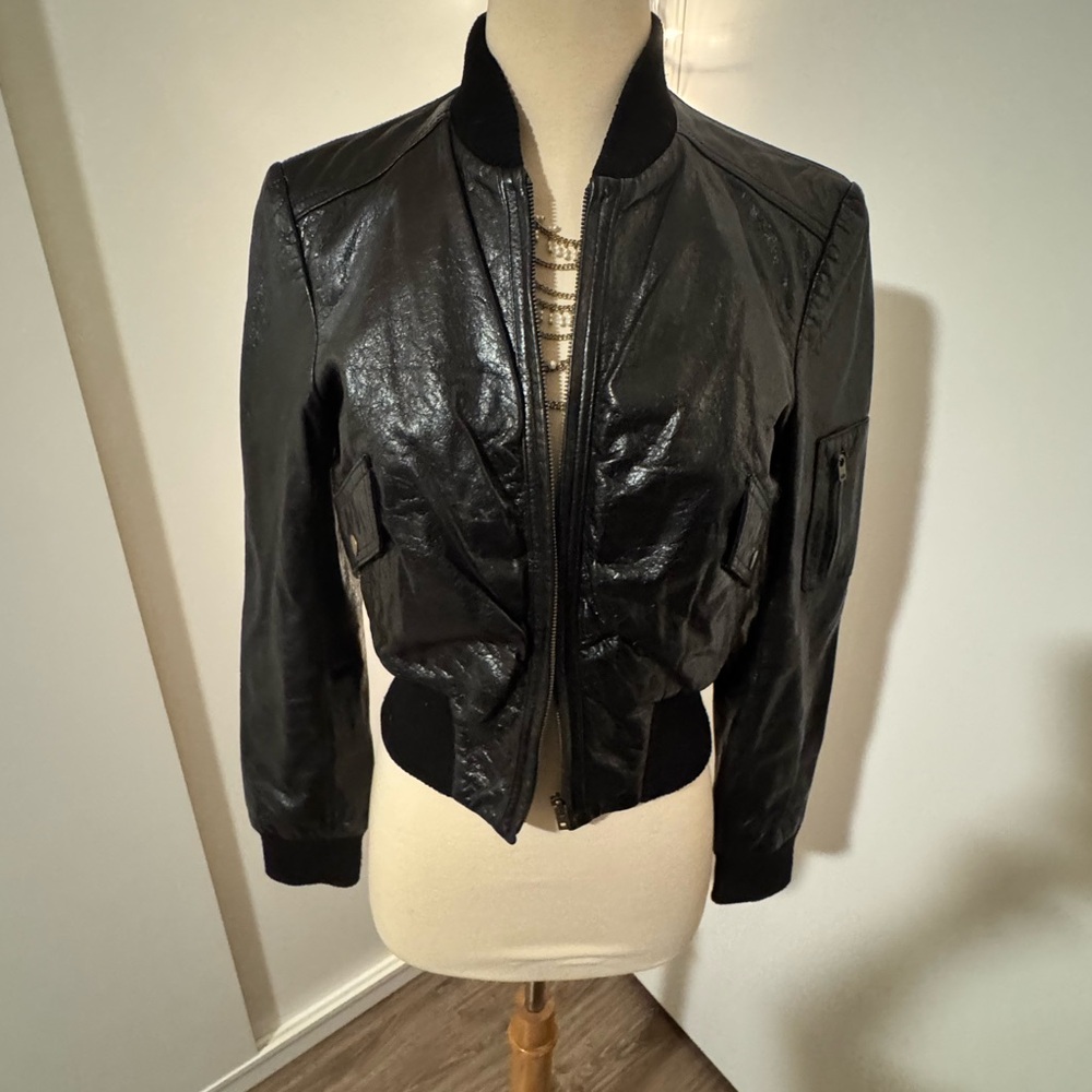 bebe Shiny Black Bomber Jacket
